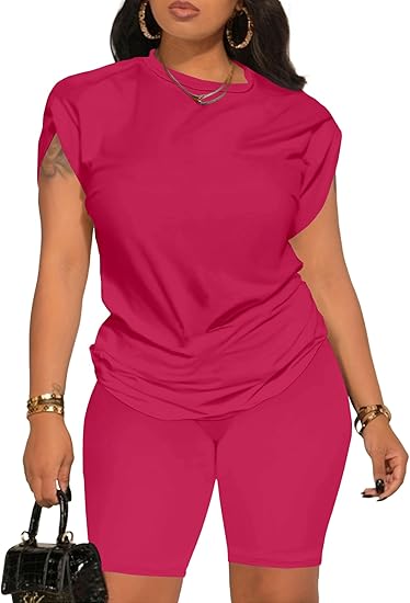 PINSV Women 2 Piece Outfits Summer Sweatsuits Biker Short Workout Jogger Sets
