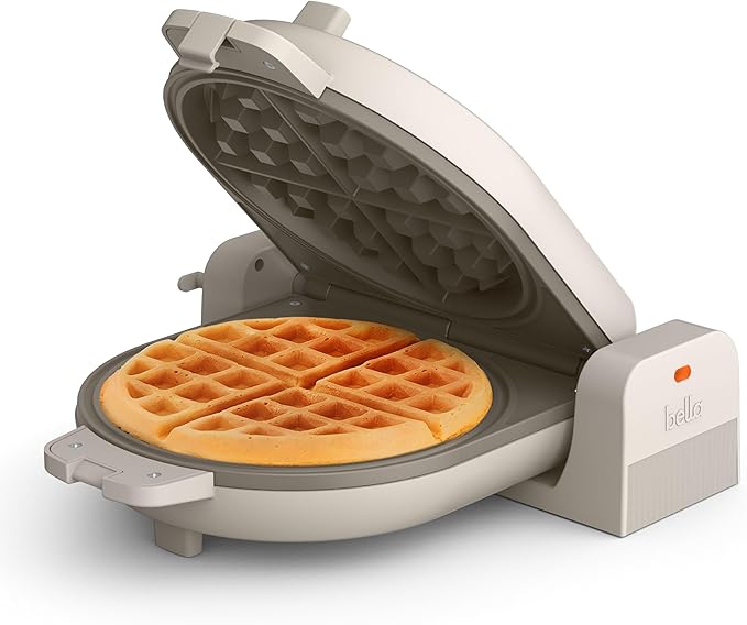 bella Flip-n-Store Waffle Maker with EverGood™ Ceramic Nonstick Coating, Fits-anywhere™ Kitchenware, Power Indicator Light, Cool Touch Handle & Cord Wrap, 7” Wide & 1" Deep Plates, 1000 Watt, Oatmilk