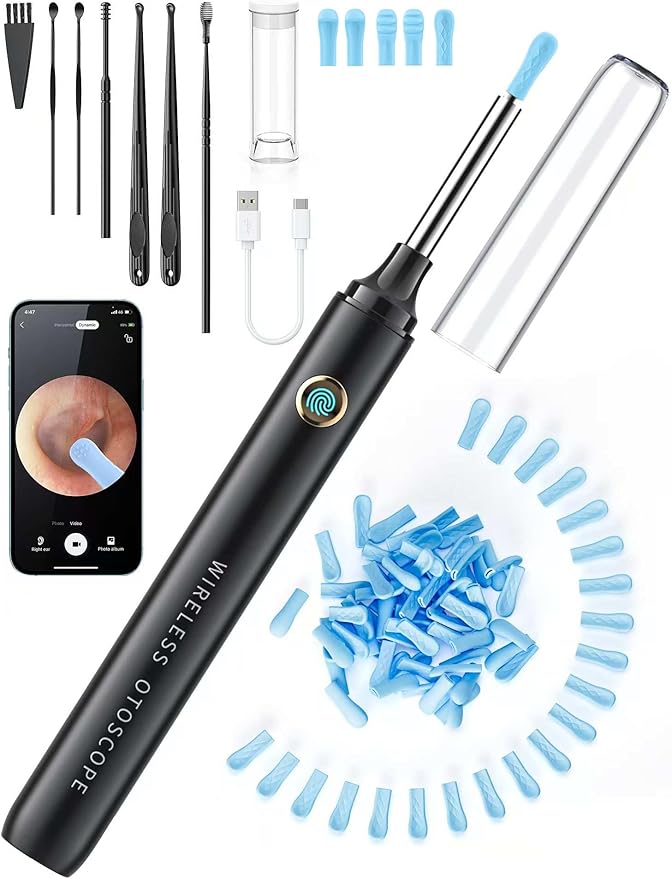 Ear Wax Removal Tool Camera - Ear Cleaner with 1080P HD Camera, FSA - HSA Store Eligible, Otoscope with Light, Earwax Removal Kit with 50 Replacement Tips for iPhone, iPad, Android Phones (Black)
