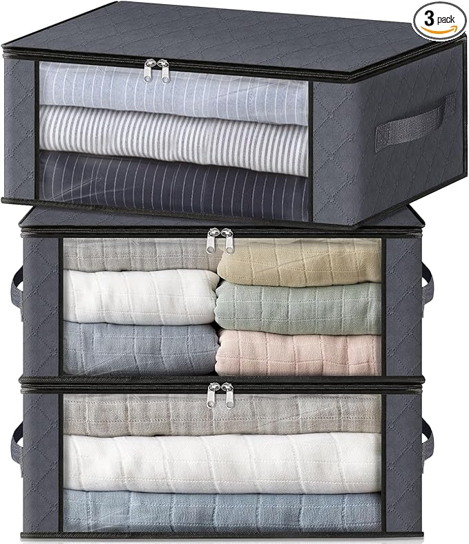 HomeHacks Storage 3-Pack Clothes Organizer Storage Bags Foldable Storage Box with Large Clear Window Sturdy Handles for Closet, Dorm, Pillows, Bedding, Clothes, Blankets, 35L, Gray